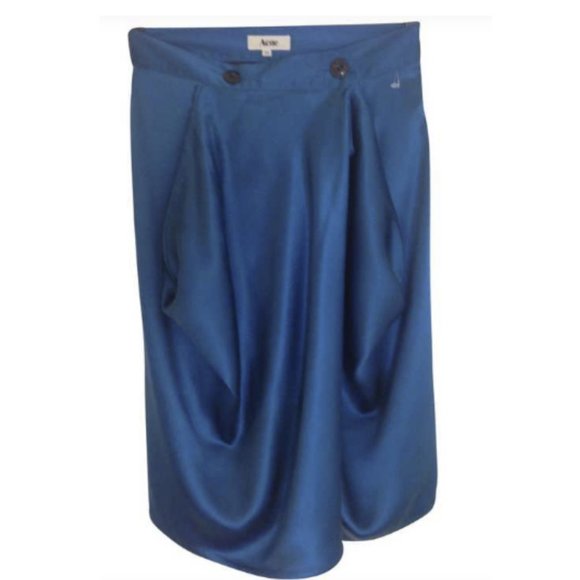 Acne Fold Pleated Silk Pencil Skirt Blue Midi Front Buttons